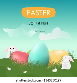 Easter and Little Bunny cute rabbit. Holiday greeting element with Egg colorful.
