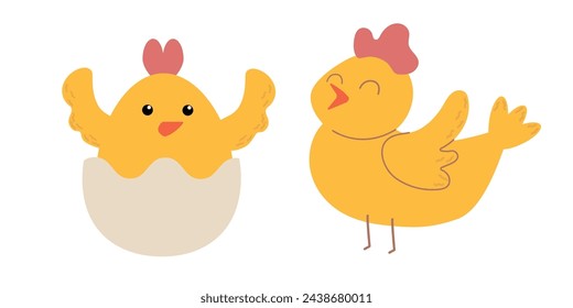 Easter little chicks cartoon character isolated on white background. Trendy Easter design. Flat vector illustration for poster, icon, card, logo, label
