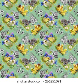 Easter little fluffy cute watercolor ducklings, chickens and hares seamless pattern on green background vector illustration