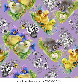 Easter little fluffy cute watercolor ducklings, chickens and hares seamless pattern on purple background vector illustration