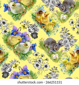 Easter little fluffy cute watercolor ducklings, chickens and hares seamless pattern on yellow background vector illustration