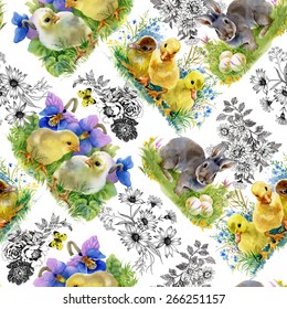 Easter little fluffy cute watercolor ducklings, chickens and hares seamless pattern on white background vector illustration