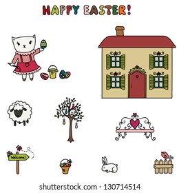 Easter of little kitten. Cartoon illustration. Hand drawn colorful elements, isolated on white