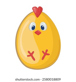 Easter Little yellow chick with red beak in the form of an egg. Holiday gift for happy easter. Vector drawing for greeting card, stickers, coloring.