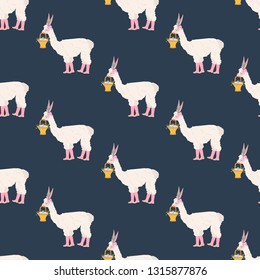 Easter llama seamless pattern on a blue background. Vector illustration