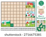 Easter logic maze for kids with bunny going with colored egg basket and spring landscapes. Spring preschool printable activity. Labyrinth game or puzzle with left, right, up, down concept
