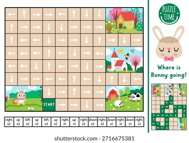 Laberinto de lógica de Pascua para niños con conejito yendo con cesta de huevos de colores y paisajes de primavera. Actividad imprimible preescolar de primavera. Laberinto juego o rompecabezas con izquierda, derecha, arriba, abajo concepto
