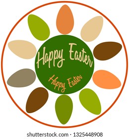 Easter logo. Elements of design and eggs for Easter. Round emblem. Multicolored eggs are arranged in a circle like flower petals. Lettering HAPPY EASTER. Easter symbol. Idea for creative design.