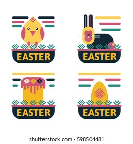 Easter logo set. Bunny, chicken, cupcake and egg. Modern design and color.