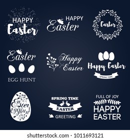 Easter logo vector spring wishes overlays, lettering labels retro happy holiday badges. Handdrawn emblem with egg ribbon. Religious holiday sign or logotype greeting typography label.