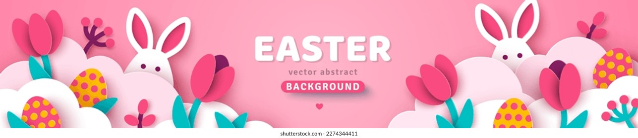 Easter long banner card, bunny rabbit, eggs tulips and white clouds, spring border frame. Modern concept pink background. Vector illustration. Place for text. Hare head with ears, paper cut header.