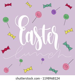  Easter Lunch card with handwritten phrase, holiday poster. Vector illustration ,ad, promotion, poster, flyer, web-banner, article. Hand drawn.