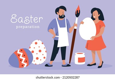 Easter. A man with a brush and a woman with an Easter egg are preparing for the Easter holiday. Vector image. 