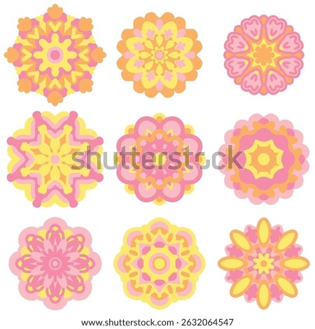 Easter mandala collection in soft pastel pink and baby chick yellow. Delicate, floral designs to celebrate upcoming springtime. Perfect for seasonal decor, greeting cards, and holiday crafts. EPS 10.