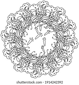 Easter mandala with ornate flowers and bunny footprints in the center, coloring page with festive attributes vector illustration