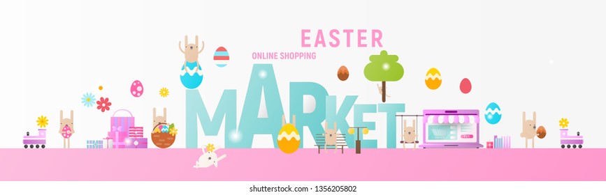 Easter Market Online Shopping Horizontal Banner with Easter Elements and Bunnies. Great for Flyers, Posters, Headers, Landing Page, Website. Vector Illustration. Flat Design.