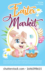 Easter market poster flat vector template. Brochure, booklet one page concept design with bunny and basket of eggs kawaii cartoon characters. Spring holiday celebration flyer, leaflet