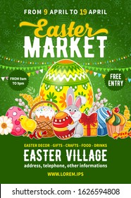 Easter Market poster template. Advertising banner for holiday fair with decorated Easter eggs, bunny, different elements of Easter celebration and space for text. Vector illustration.