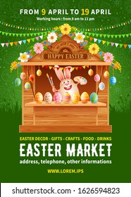 Easter Market poster template. Advertising banner for holiday fair with wooden stall decorated by flowers and colored Easter eggs, cartoon smiling bunny and space for text. Vector illustration.