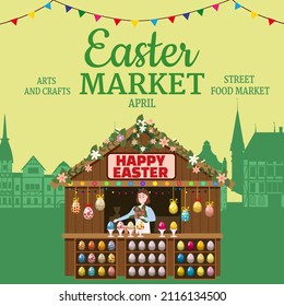 Easter Market poster, wooden stall decorated flowers, colored Easter eggs. Holiday City Spring Fair Square, Europe architecture background. Vector illustration
