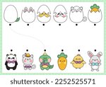 Easter matching activity for children with kawaii animals hiding in eggs. Fun spring holiday puzzle with cute hatching bunny, chick, panda, cat, carrot. Printable worksheet or game for kids
