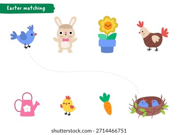 Osterabstimmung Aktivität mit niedlichen Tieren und Frühlingselementen. Ferienpuzzle mit Hase, Karotte, Vogel, Nest, Blume, Gießkanne, Henne, Küken. Match Objekte Spiel, druckbare Arbeitsblatt, Puzzle
