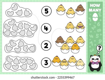 Easter matching game with cute kawaii hatching chicks and egg shells. Spring holiday math activity for preschool kids. Educational printable counting worksheet with cartoon chicken birds
