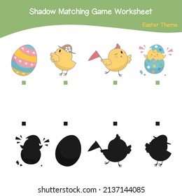 Easter matching shadow game. Matching shadow worksheet. Educational printable worksheet. Colorful printable. Motoric movement. Vector illustration.
