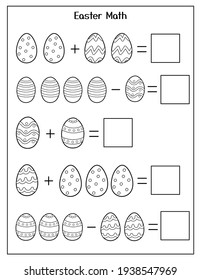 Easter math black and white worksheet for kids. Eggs addition printable activity page. Learning to count. Vector illustration