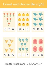 Easter math counting worksheets for kids, mathematical games. Colorful educational page, learning activity to practice addition, subtraction, logic for preschools, kindergartens, toddlers. Easy level.