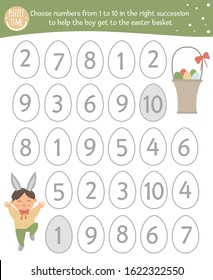 Easter math game with cute characters. Spring mathematic maze activity for preschool children. Choose numbers from 1 to 10 to help the boy get to the basket with eggs