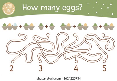 Easter Math Maze For Children. Preschool Spring Activity. Educational Addition Riddle. Funny Mathematic Puzzle Game With Holiday Symbols. Cute Counting Worksheet. How Many Eggs?