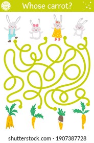 Easter maze for children with bunny family and carrots. Holiday preschool printable educational activity with rabbits and vegetables. Funny spring garden game or puzzle with cute animals. 
