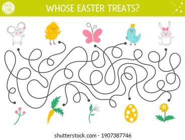 Easter maze for children with cute animals and presents. Holiday preschool printable educational activity with chicken, mouse, bunny, bird. Funny spring game or puzzle with cute characters. 
