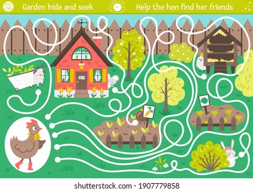 Easter maze for children. Garden hide and seek. Holiday preschool printable educational activity. Funny spring game or puzzle with cute animals. Help the hen find her friends. 
