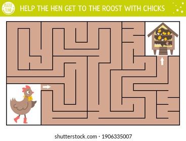 Easter maze for children. Holiday preschool printable educational activity. Funny spring garden or farm game or puzzle with cute animals. Help the hen get to the roost with chicks 
