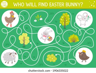 Easter maze for children. Holiday preschool printable educational activity. Funny spring garden game or puzzle with cute animals. Who will find Easter bunny? 
