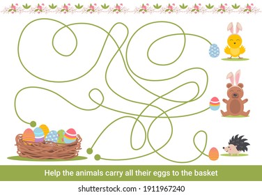 Easter maze for children. Preschool Christmas activity. Spring puzzle game with cute animals. Who is faster to get to the easter nest. Worksheet home schooling labyrinth game.