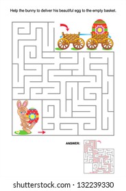 Easter maze game or activity page for kids: Help the little bunny to deliver his beautiful egg to the empty basket. Answer included. For high res JPEG or TIFF see image 133079549