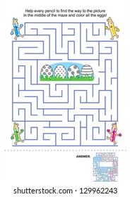 Easter maze game and coloring activity page for kids: Help the pencils to get to the picture in the middle and color the eggs! Answer included. For high res JPEG or TIFF see image 129962246
