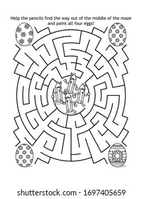 Easter maze game and coloring page for kids with pencils and painted eggs: Help the pencils find the way out of the middle of the maze and paint all four eggs!