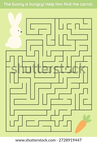 Easter maze game for kids with a bunny searching for a carrot. Simple educational labyrinth activity for children, perfect for printable worksheets, preschool learning, and holiday activities.