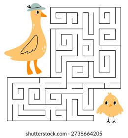 Easter maze game for kids. Cute duck looking for a way to the chick. Printable worksheet with solution for school and preschool. Vector cartoon illustration.