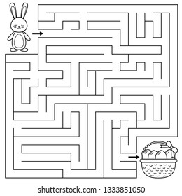 Easter maze game for preschool kids. Coloring page. Help the bunny find right way to the Easter eggs. Vector illustration.