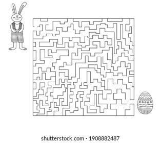 Easter maze help bunny find Easter egg. Vector outline illustration of maze game with cute bunny for children. Cartoon easter game puzzle for coloring page.