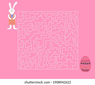 Easter maze help bunny find Easter egg. Vector illustration of maze game with cute bunny for children. Cartoon easter game puzzle.