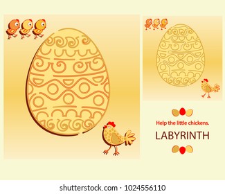 Easter maze. Help the little chickens.Vector image of a maze, educational game. Cartoon characters. 