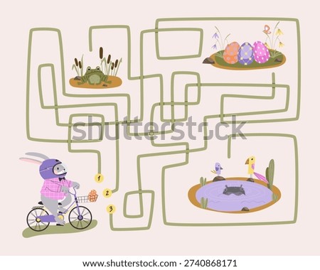 Easter maze for kids featuring a bunny on a bicycle collecting Easter eggs. Fun maze game with a cute bunny. Printable spring break activity, including a worksheet featuring a bunny, a frog, and a swamp with a hippo.