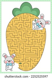 Easter maze for kids. Spring holiday preschool printable activity with kawaii bunny eating big carrot. Geometrical labyrinth game or puzzle with cute character, traditional vegetable
