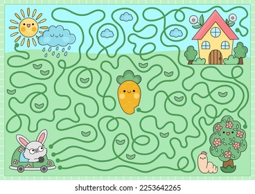 Easter maze for kids. Spring holiday preschool printable activity with kawaii car with bunny, country house. Garden labyrinth game or puzzle with cute characters, blossoming tree, worm, carrot, sun
